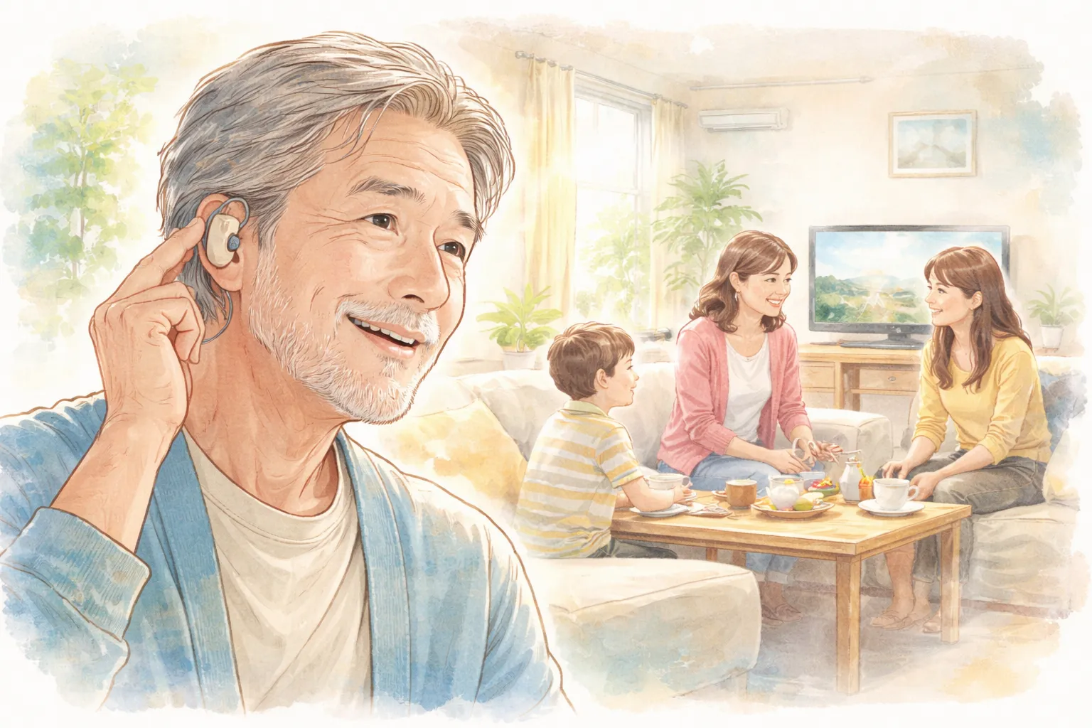 自宅リビングでみみ太郎を耳に装着した60代男性と、家族がテレビを見ながら会話している水彩イラスト