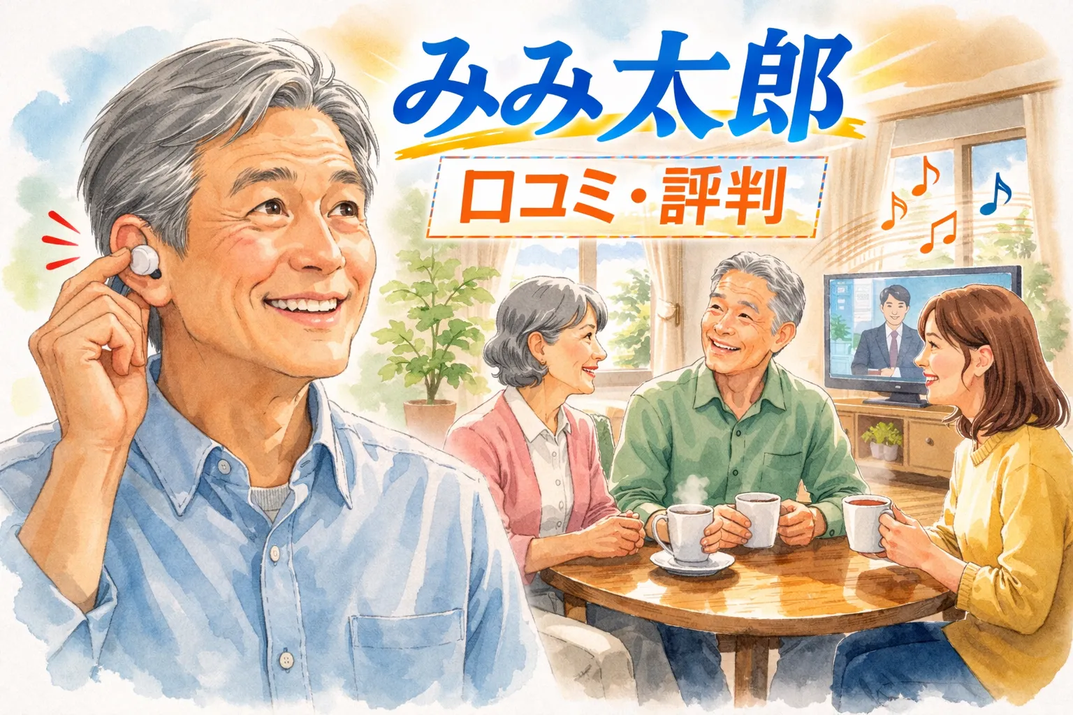 みみ太郎の口コミ・評判イメージ｜高齢男性がみみ太郎（集音器）を装着し家族と会話を楽しむ様子