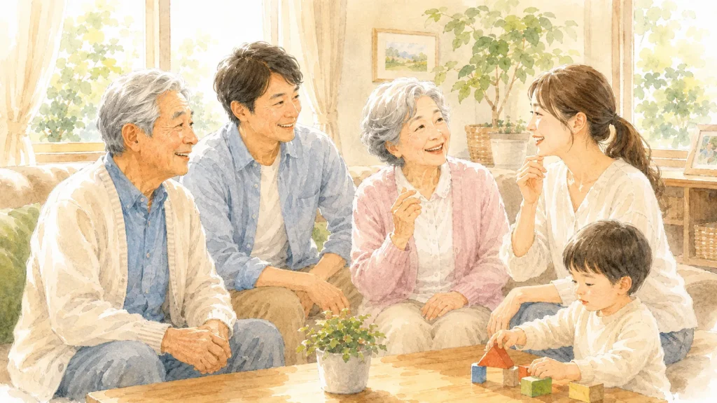みみ太郎を使う70代男性が家族との会話を楽しむリビングのイメージ