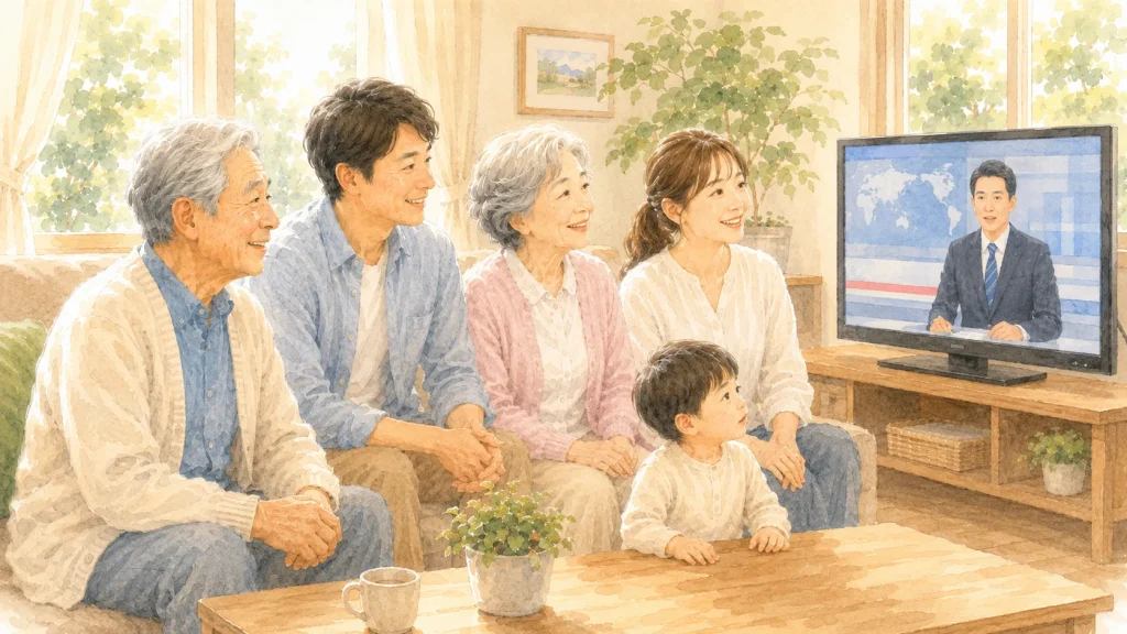 みみ太郎を使う70代男性が家族と一緒にテレビニュースを聞くリビングのイメージ