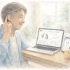 みみ太郎を装着した男性がパソコンで購入先を確認している様子