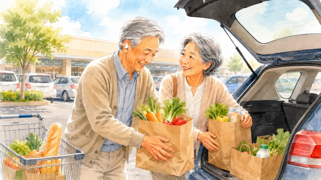 みみ太郎を装着した70代男性が妻とスーパーの買い物袋を車に積むイメージ