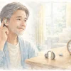みみ太郎を装着する60代男性とPR-48空気電池・置き時計のイメージ