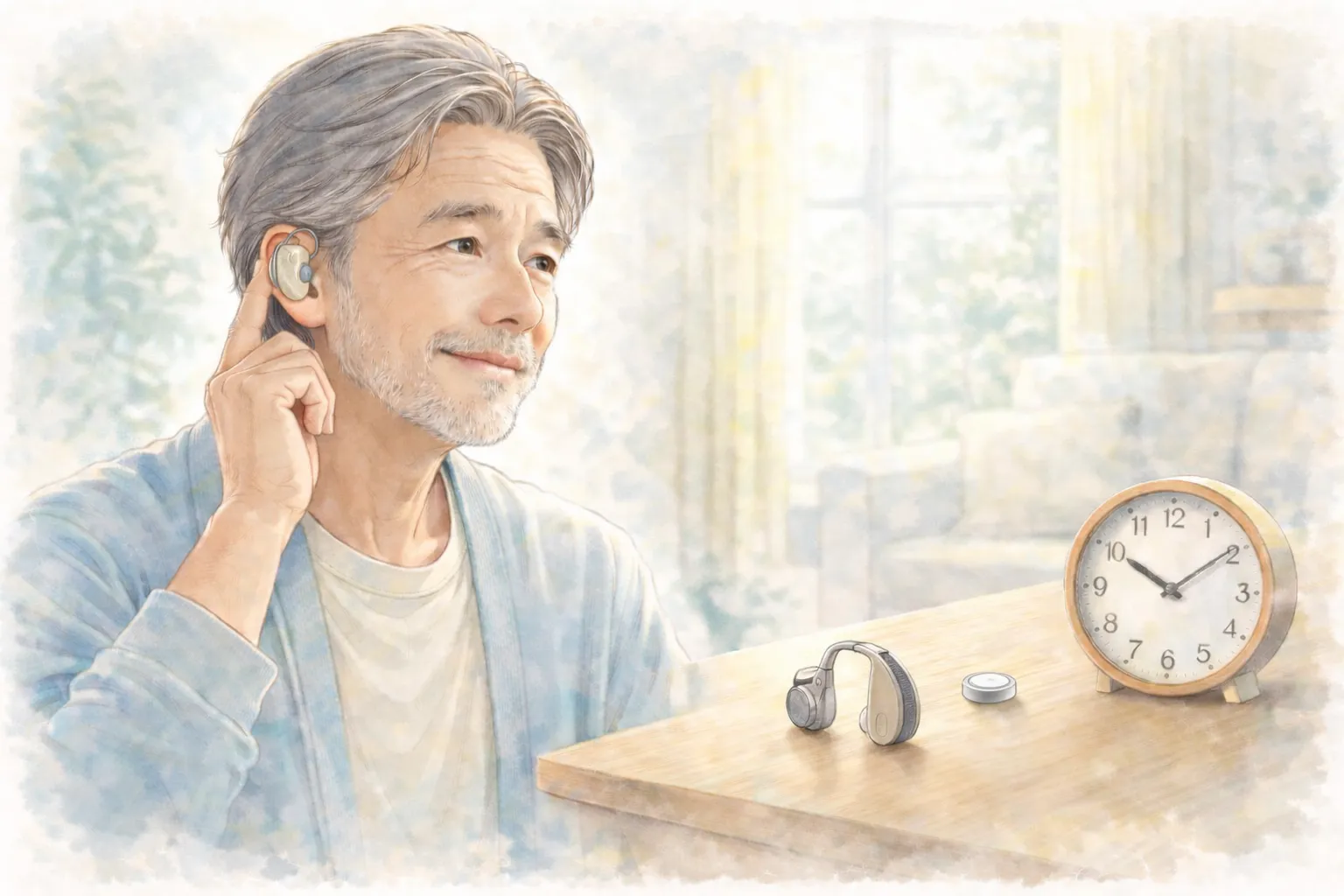 みみ太郎を装着する60代男性とPR-48空気電池・置き時計のイメージ