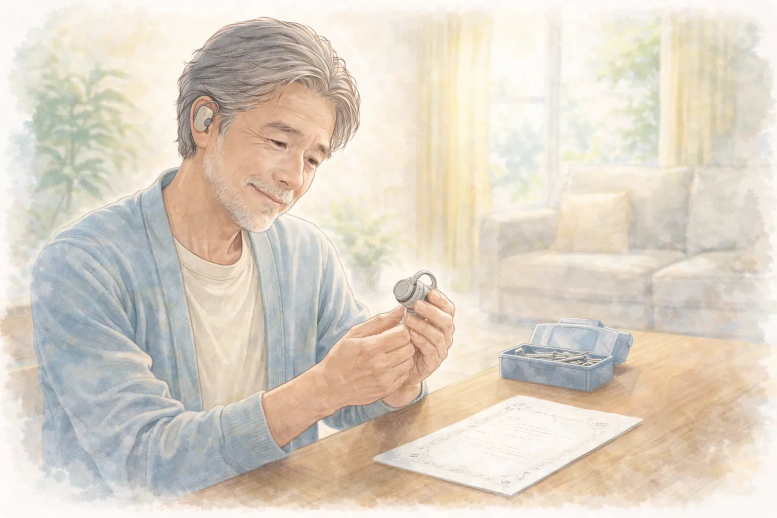 みみ太郎の修理や保証内容を確認する男性のイメージ