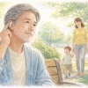 みみ太郎を装着した高齢男性が公園で家族の声を聞くイメージ｜高度難聴・重度難聴でも使えるか検討する場面