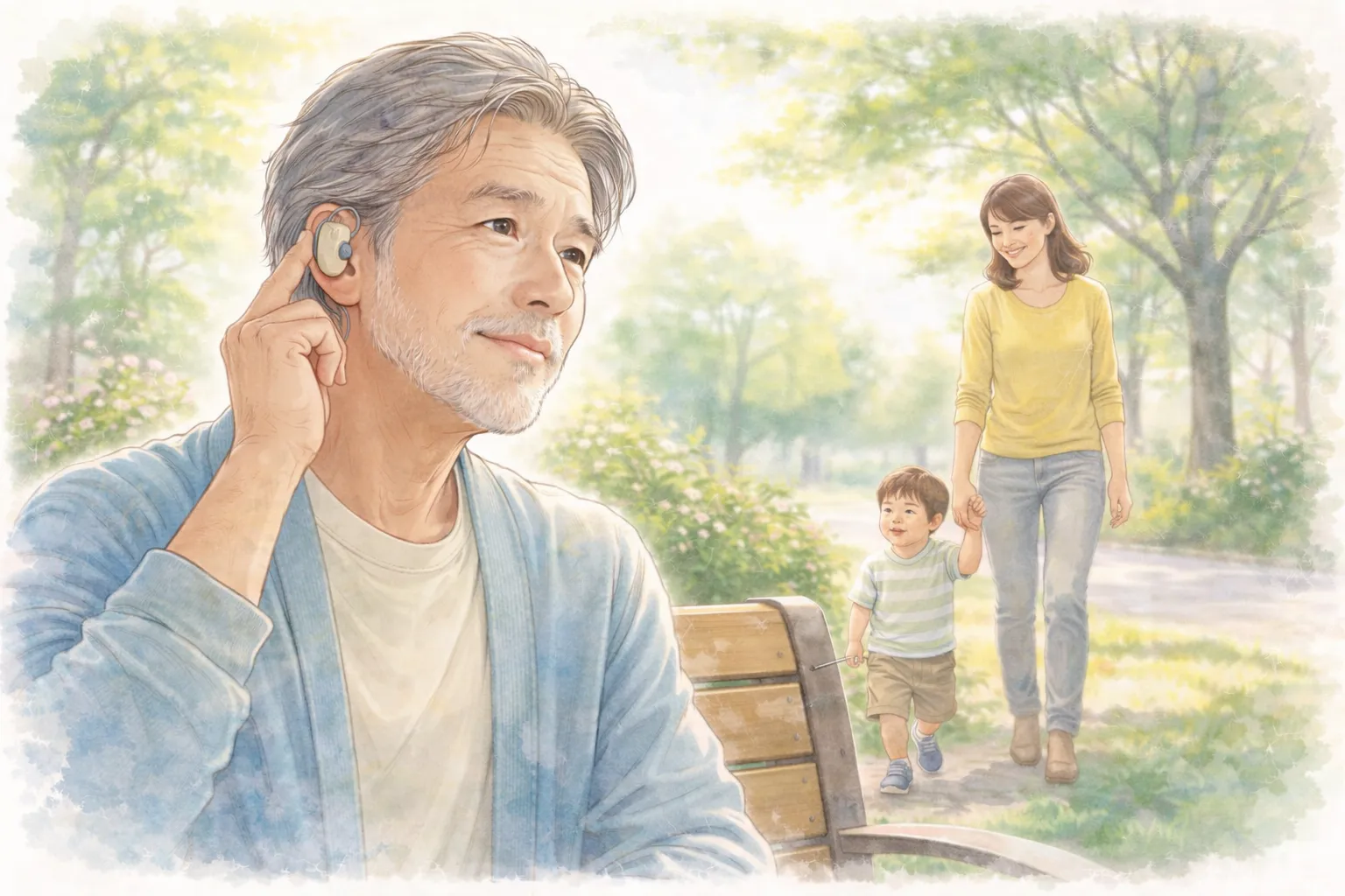 みみ太郎を装着した高齢男性が公園で家族の声を聞くイメージ｜高度難聴・重度難聴でも使えるか検討する場面