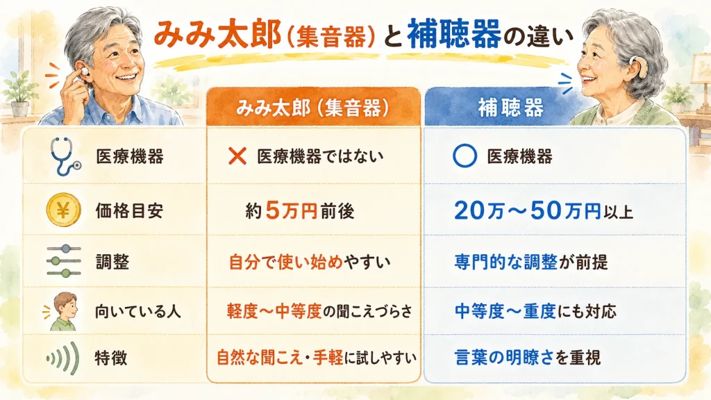 みみ太郎と補聴器の違いを医療機器・価格・調整・向いている人で比較した図解
