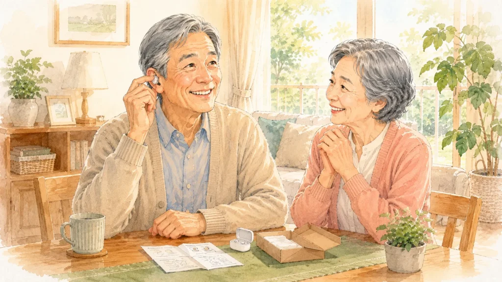みみ太郎の無料貸出で集音器を試す70代男性と見守る妻のイメージ