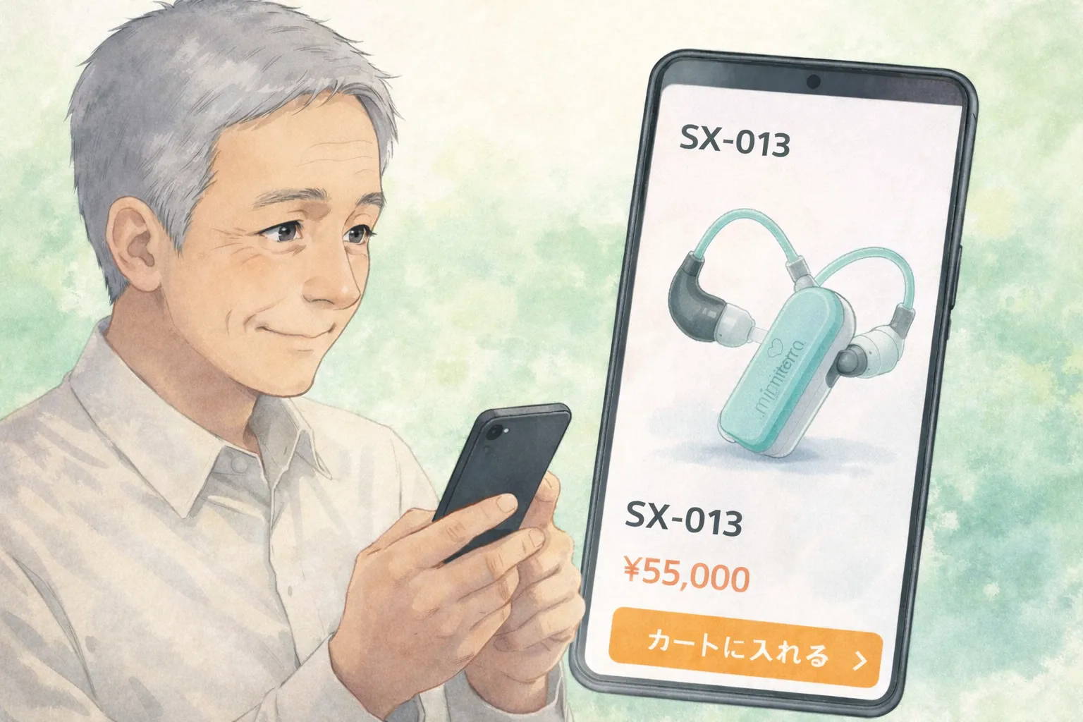 Amazonでみみ太郎SX-013の価格を確認して購入を検討する男性のイメージ