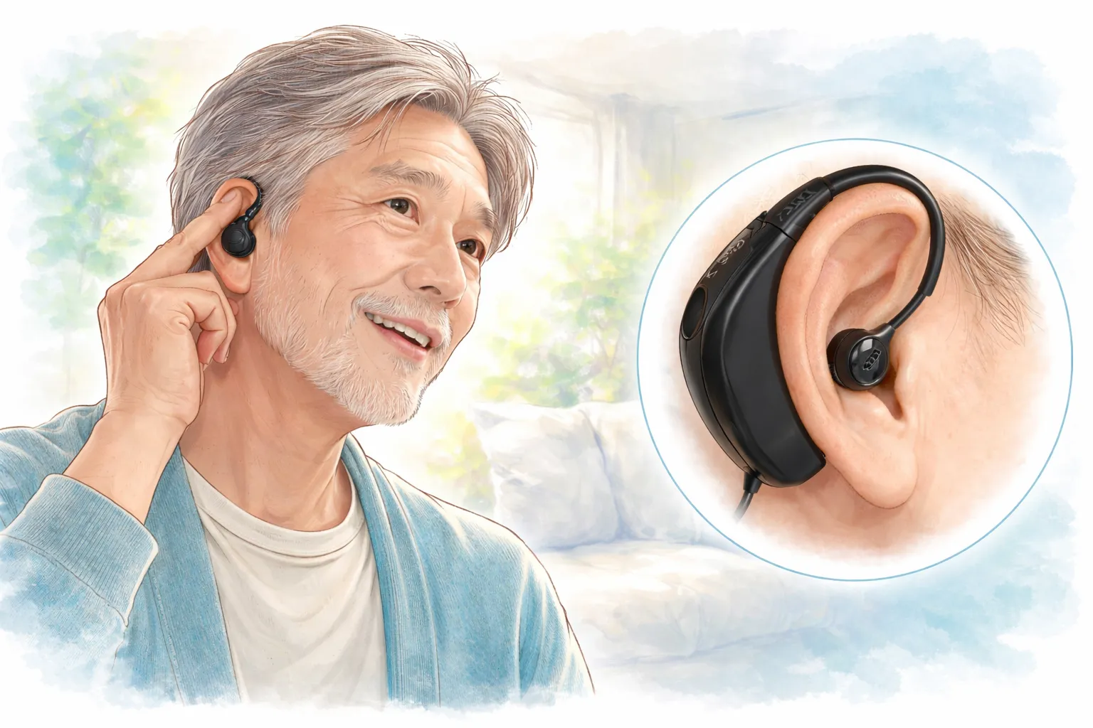 みみ太郎SX-013の付け方と装着イメージ（耳掛け型集音器）