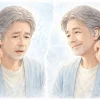 みみ太郎を装着し、ピー音（ハウリング）に悩む男性と正常に使用できている様子のイメージ