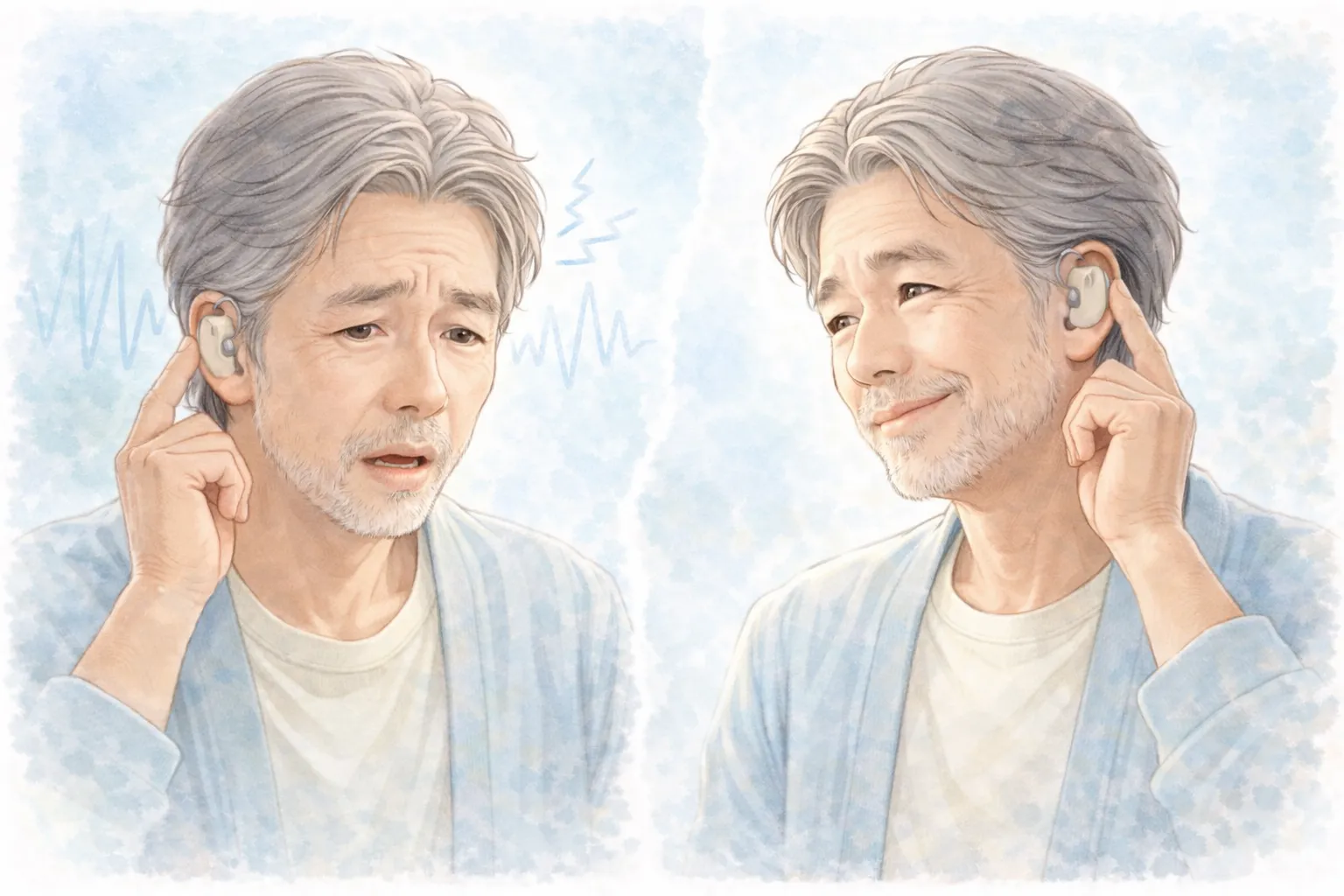 みみ太郎を装着し、ピー音（ハウリング）に悩む男性と正常に使用できている様子のイメージ