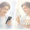 みみ太郎を中古で買うか迷う60代男性と、新品を手にして安心する様子の比較イラスト