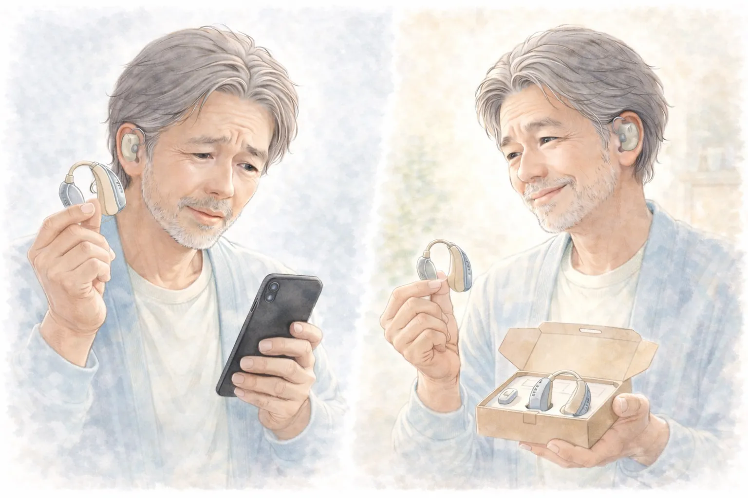 みみ太郎を中古で買うか迷う60代男性と、新品を手にして安心する様子の比較イラスト