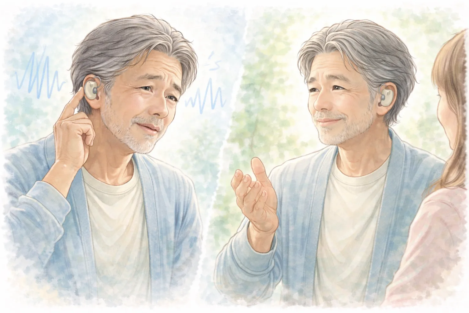 みみ太郎で雑音が気になる男性のイメージ｜ザーザー音や環境音の違和感を表現