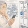 家電量販店の補聴器コーナーで集音器を探している男性のイメージ