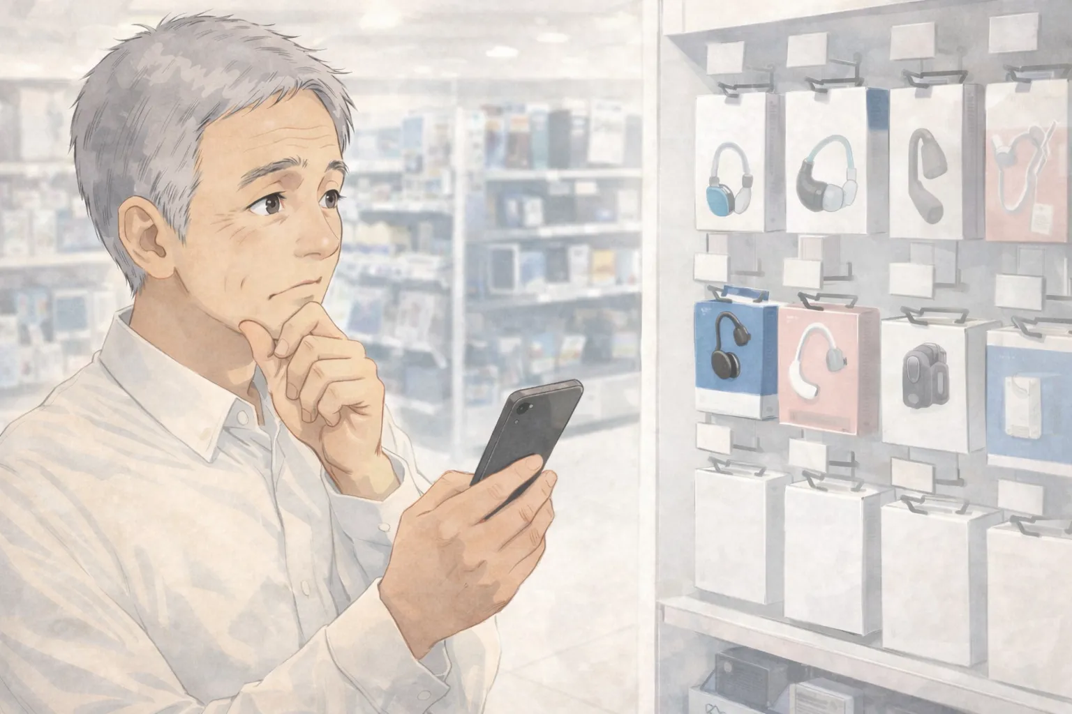 家電量販店の補聴器コーナーで集音器を探している男性のイメージ