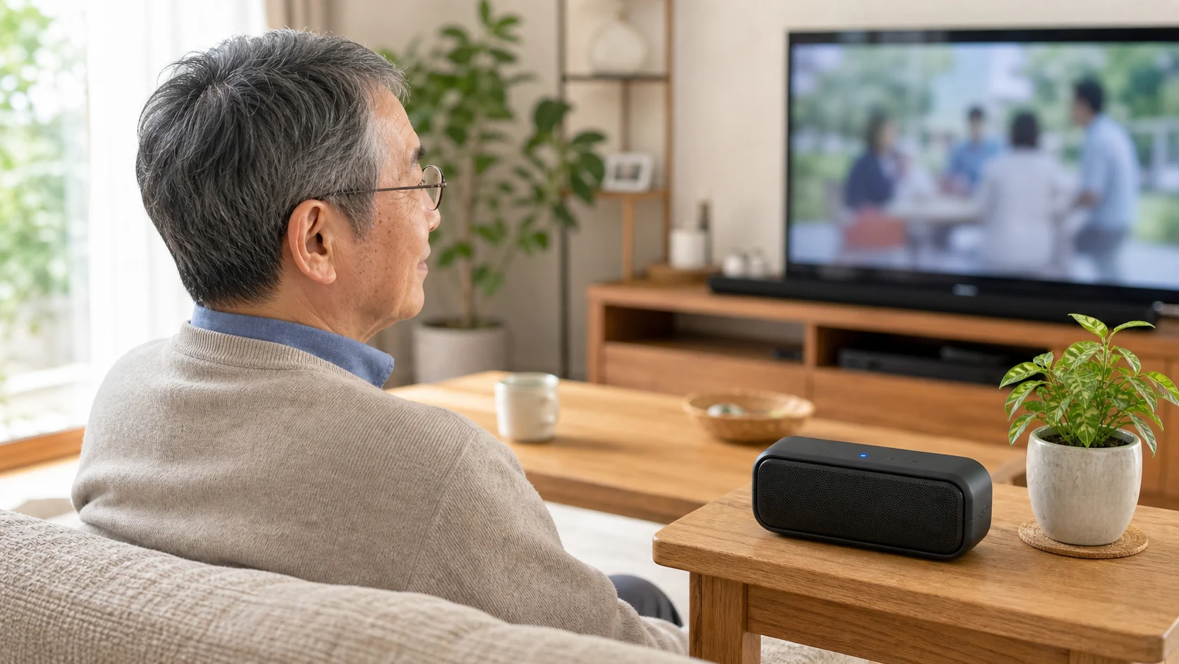 テレビ音声を手元スピーカーで聞いている高齢者