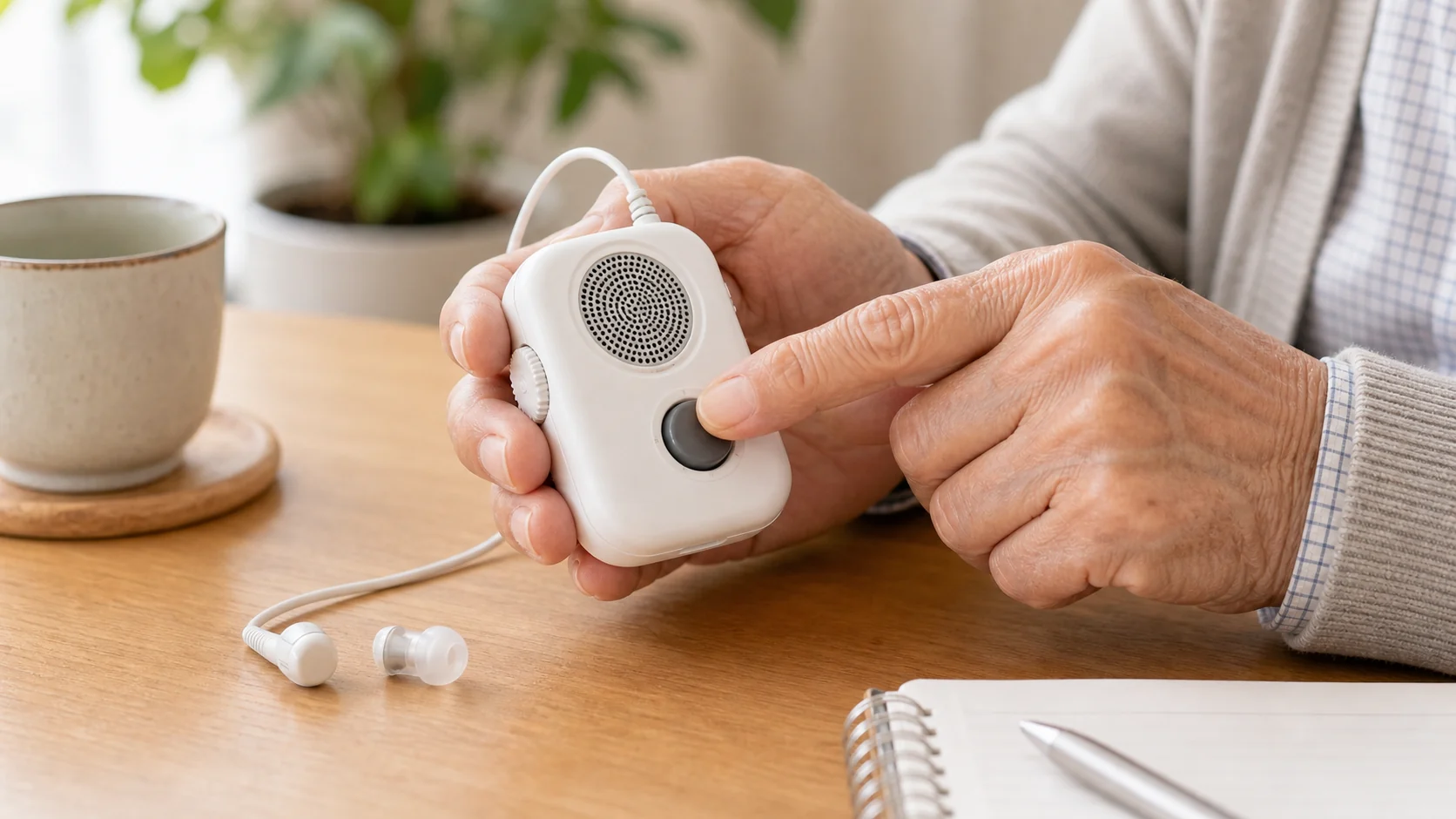 高齢者が操作しやすい集音器を確認する様子
