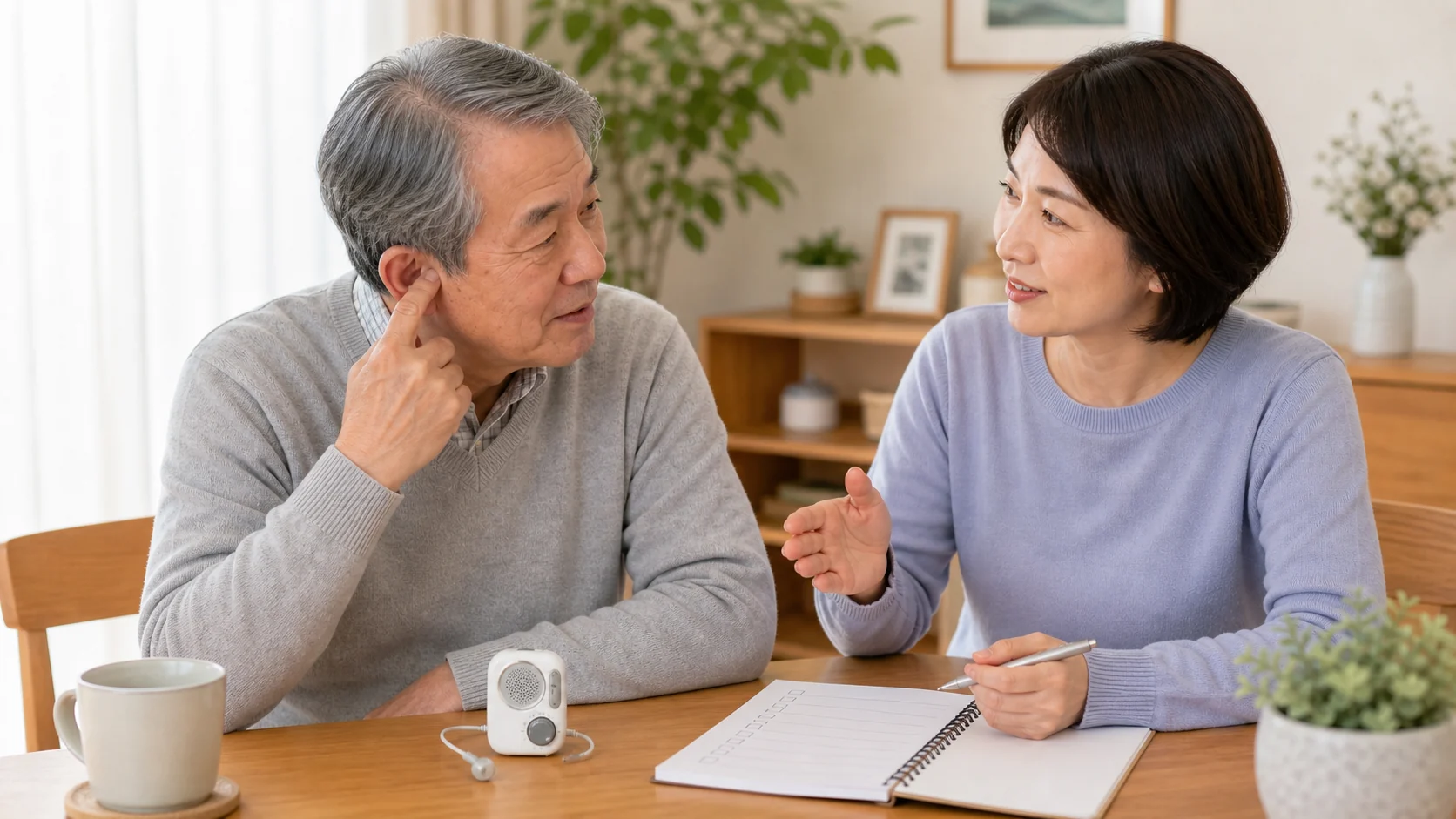 親に集音器を買う前に困っている場面を相談する様子