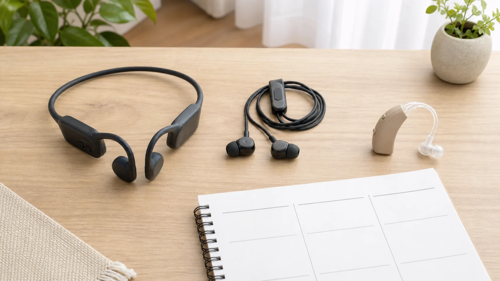 骨伝導集音器と普通の集音器と補聴器を比較している様子