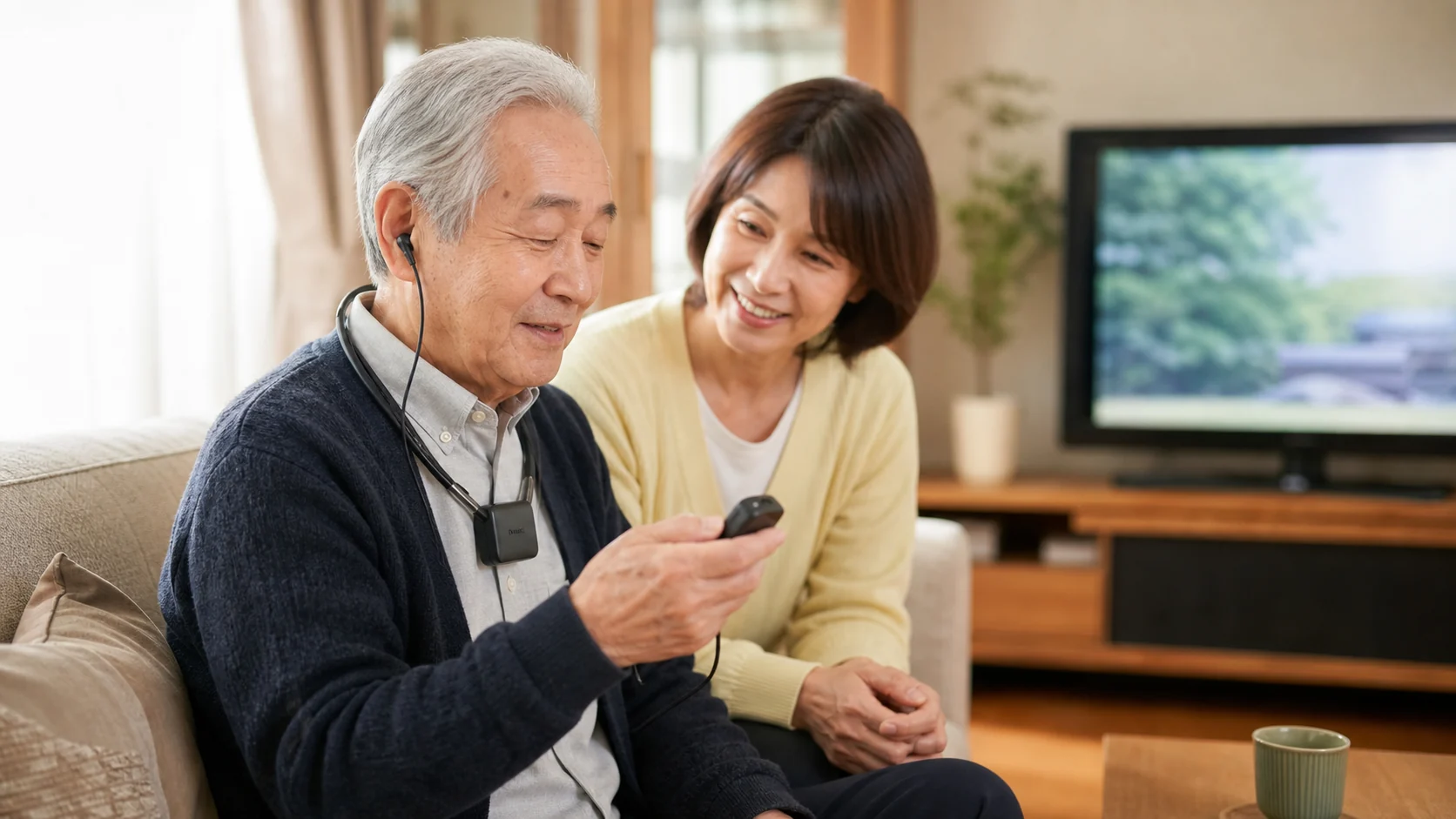 高齢者が使いやすい集音器を試す様子