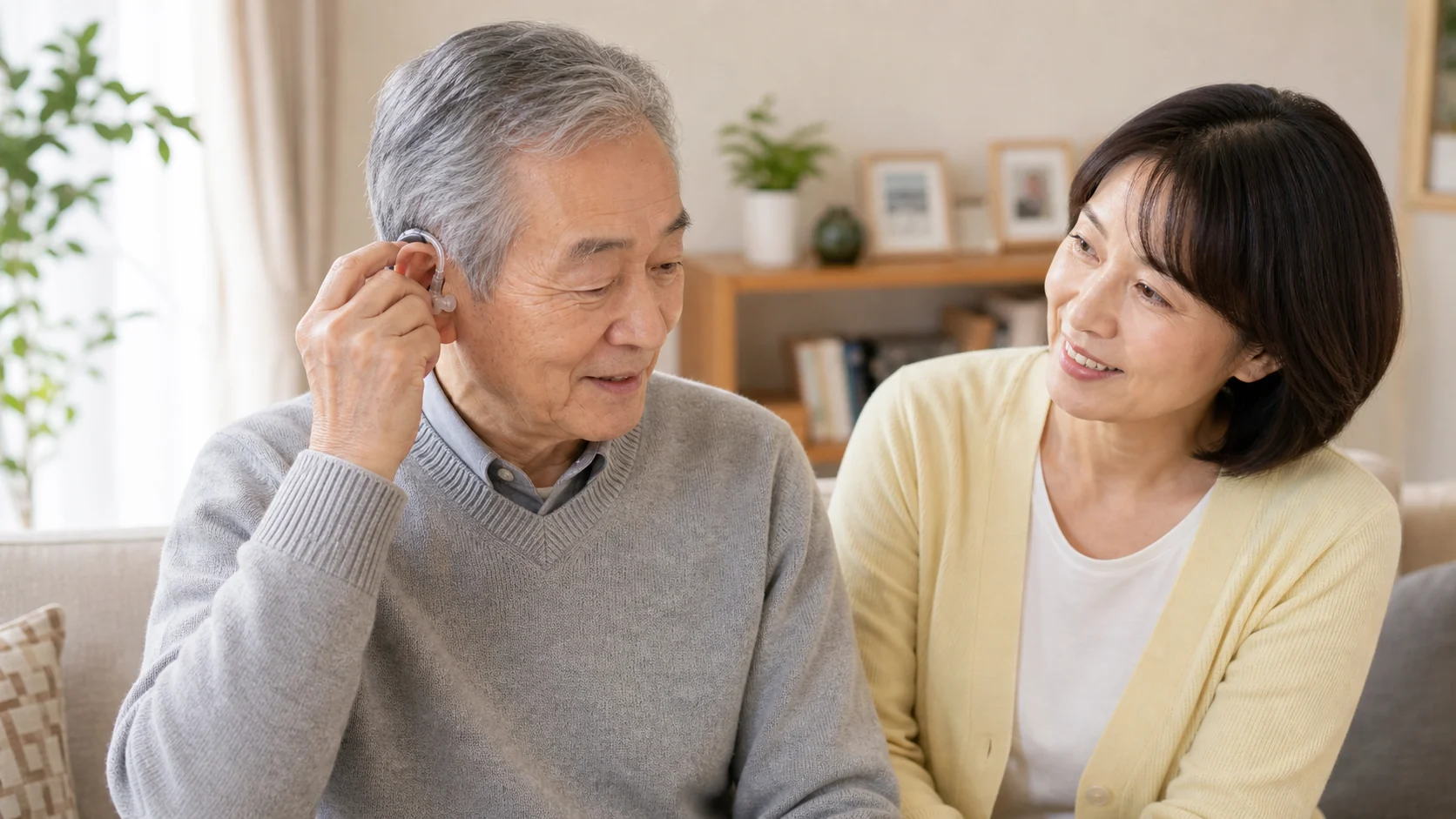 耳掛け集音器を装着する様子
