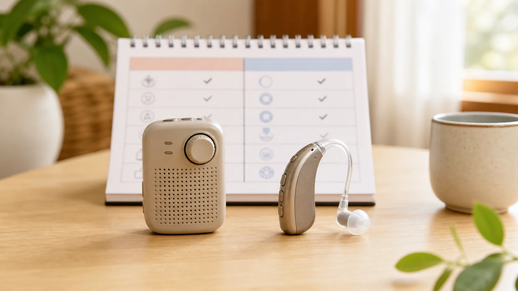 集音器と補聴器を並べて比較するイメージ