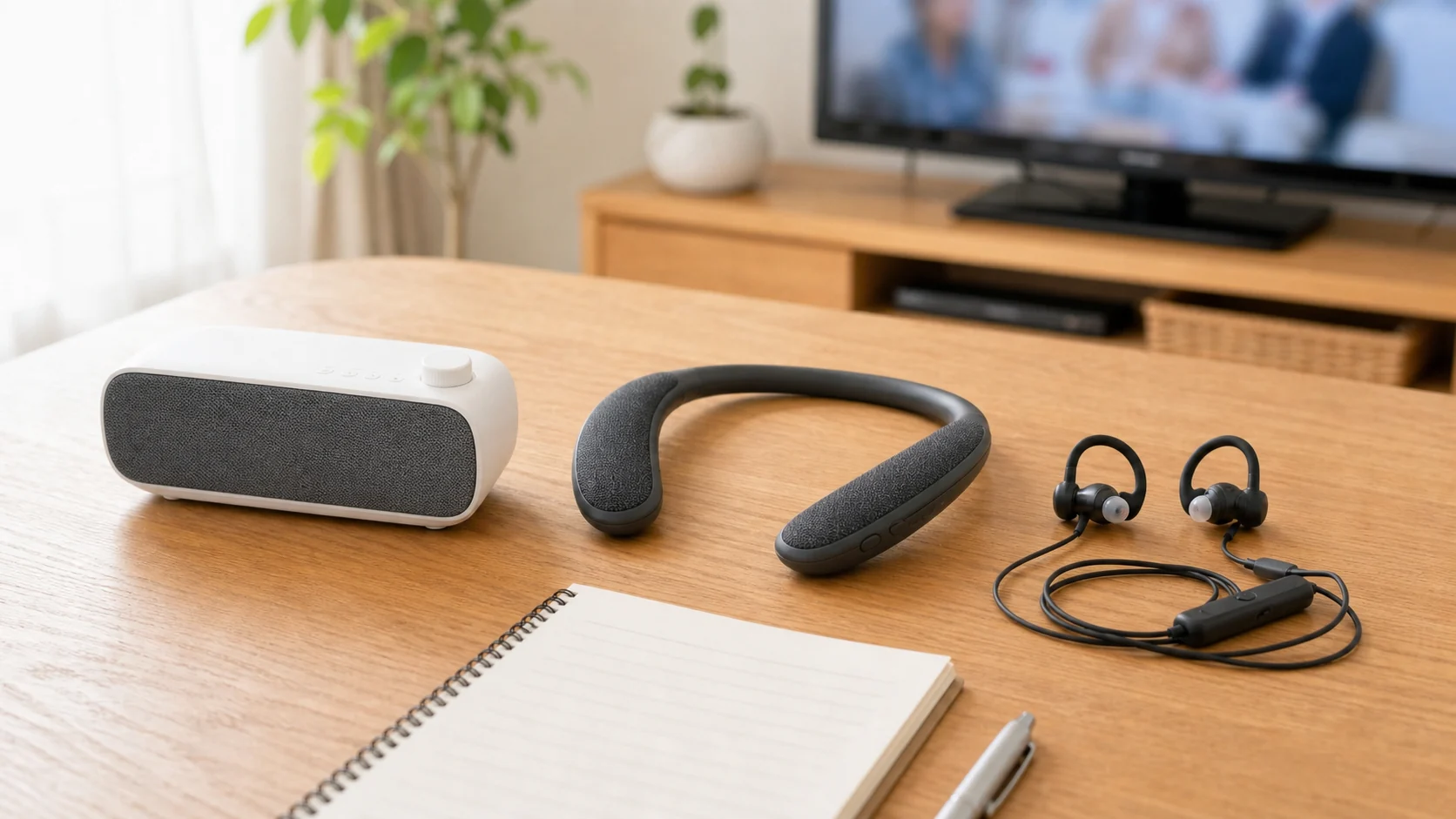 テレビ用集音器の手元スピーカー型と首かけ型とイヤホン型を比較している様子