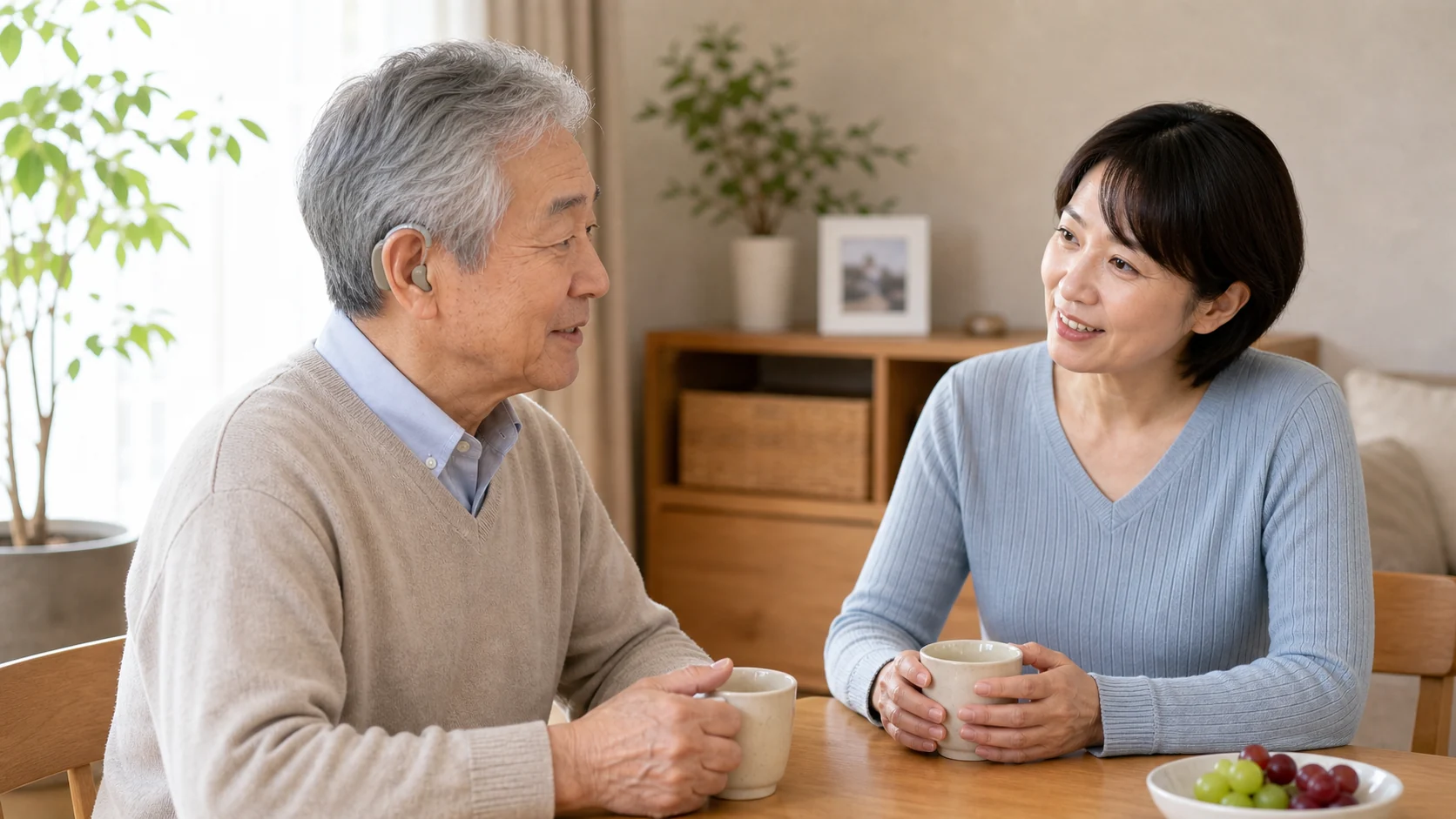 両耳で集音器を使って会話する様子