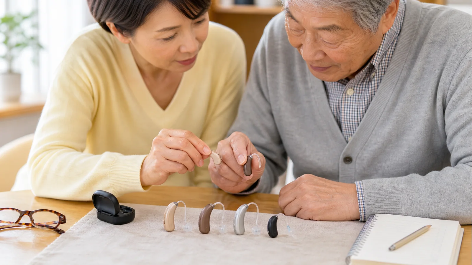 髪色や肌色に合う集音器を選んでいる様子