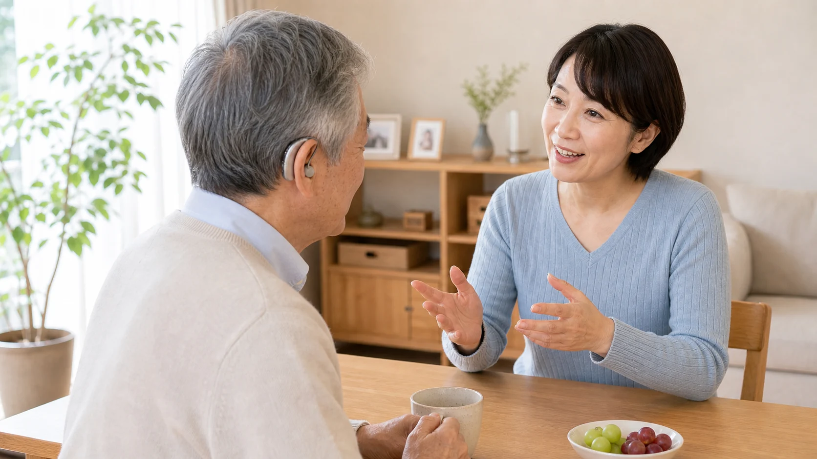 耳掛け集音器で会話を聞き取りやすくする様子