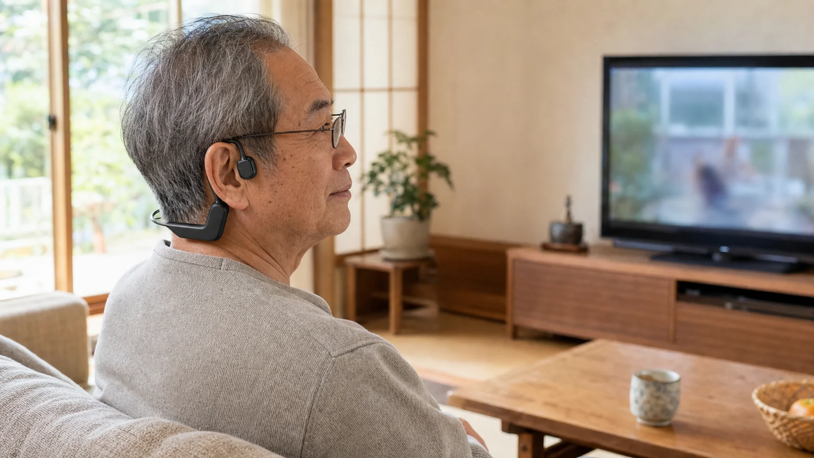 耳をふさがずにテレビを聞く高齢者のイメージ