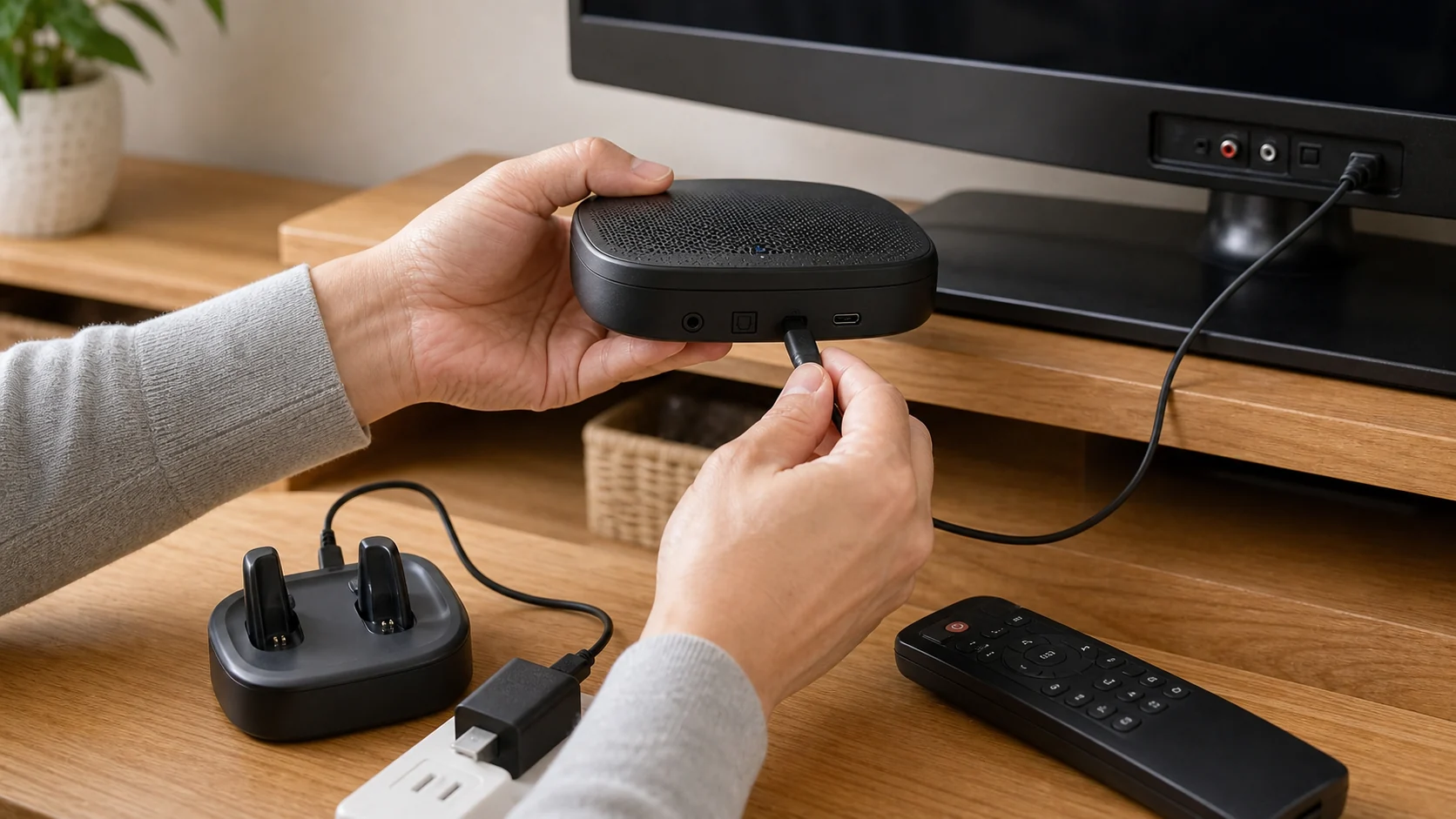 テレビ用集音器の接続や充電を確認している手元