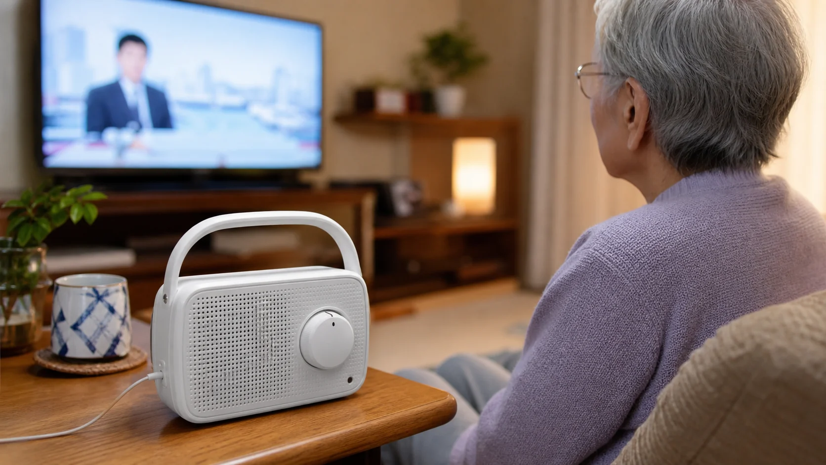テレビ用お手元スピーカーで音を聞きやすくする様子