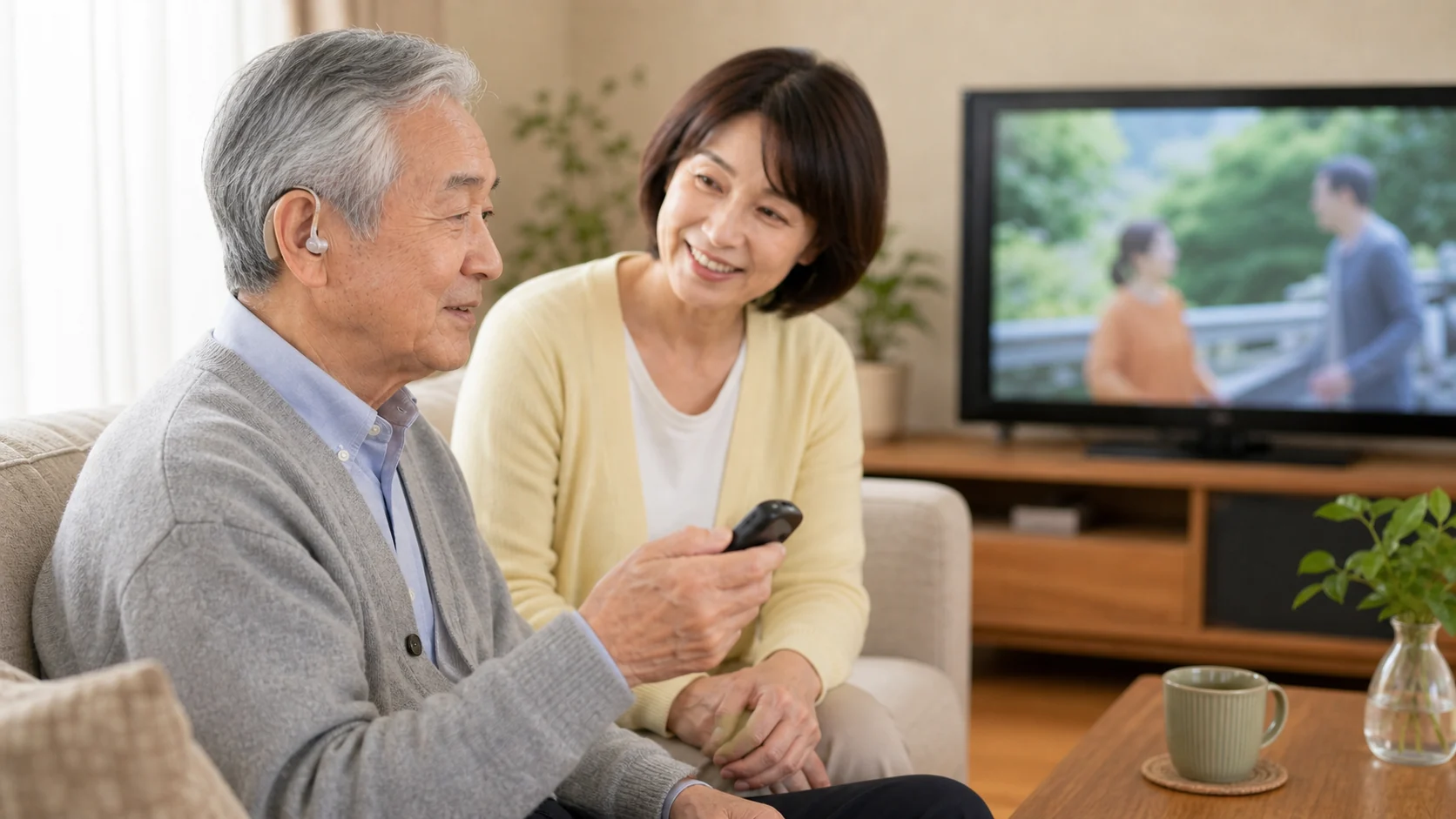 集音器をテレビ視聴で試す様子
