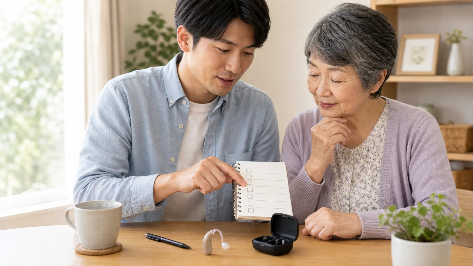 高齢者向け集音器のチェックリストを家族で確認している様子