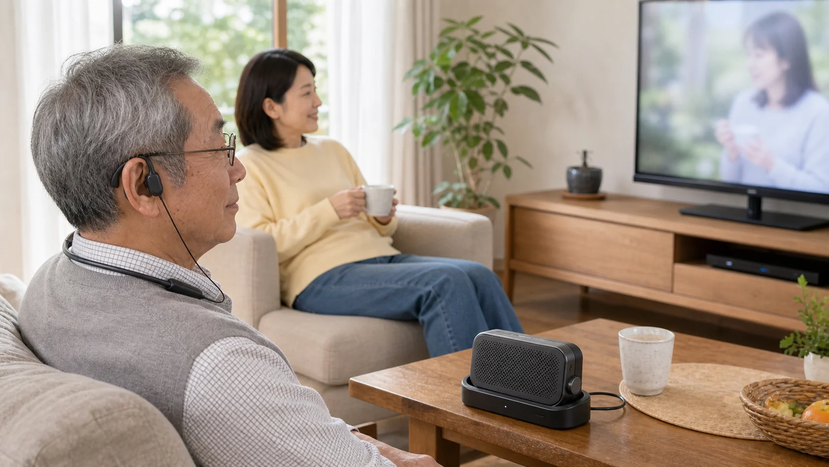 テレビ用集音器で家族が快適な音量でテレビを見ている様子
