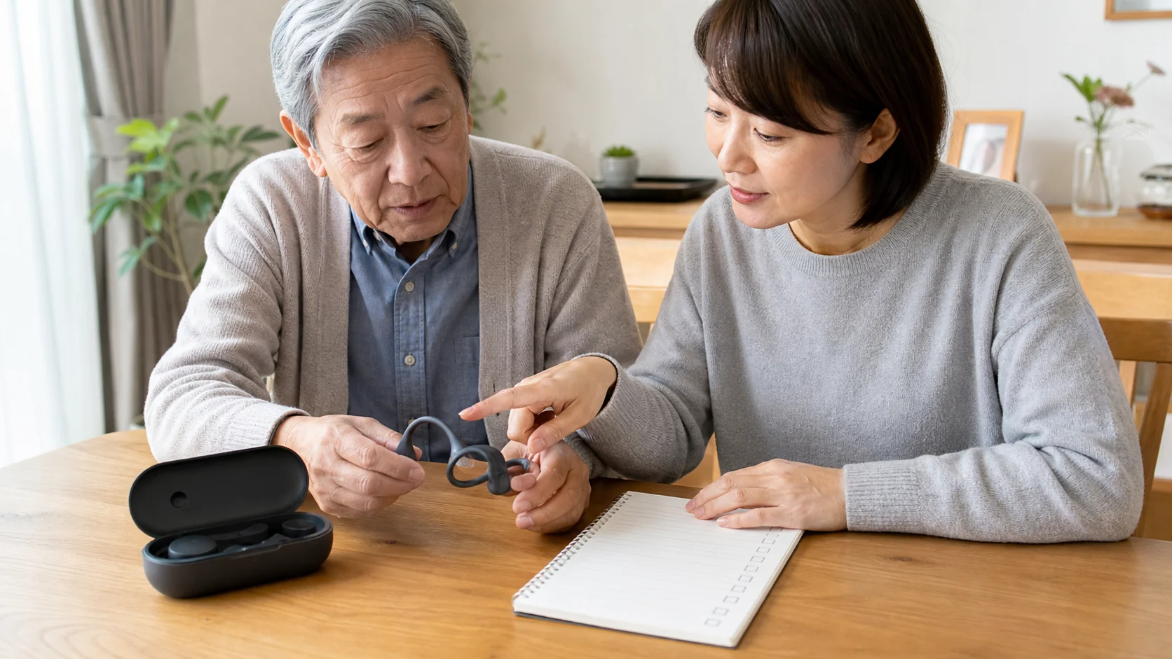 骨伝導集音器の購入前チェックを家族で確認している様子