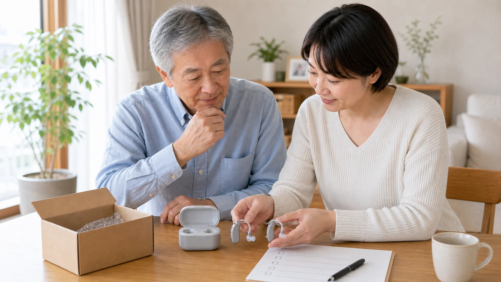 両耳集音器のお試し条件を確認する様子