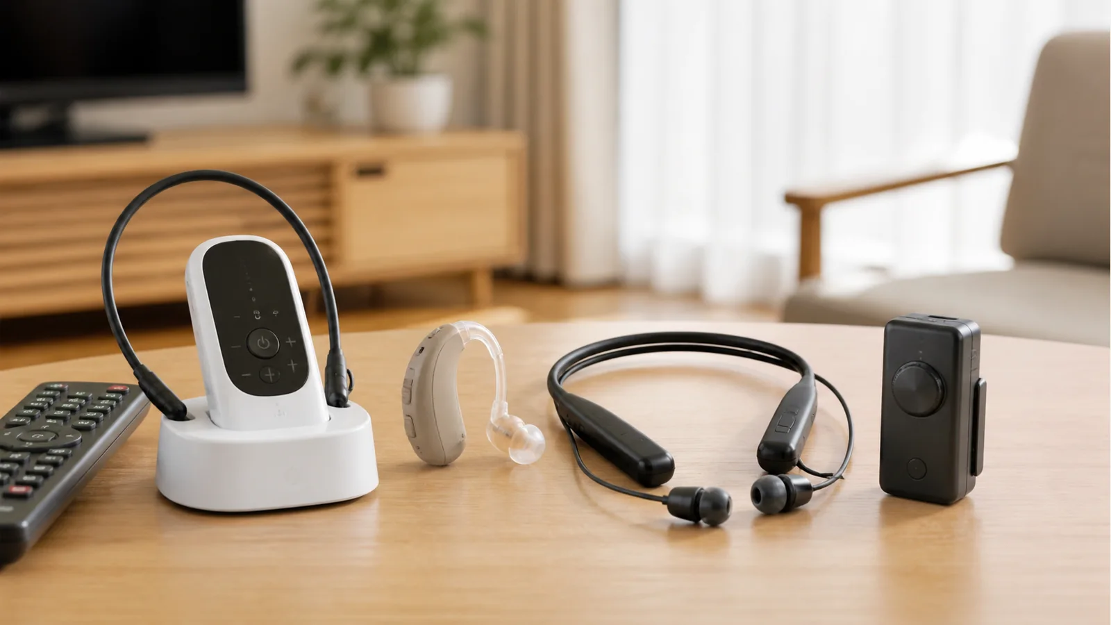 親に合う集音器のタイプを比較している様子