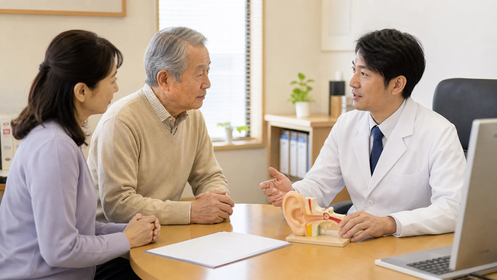 聞こえの悩みを医師に相談する様子