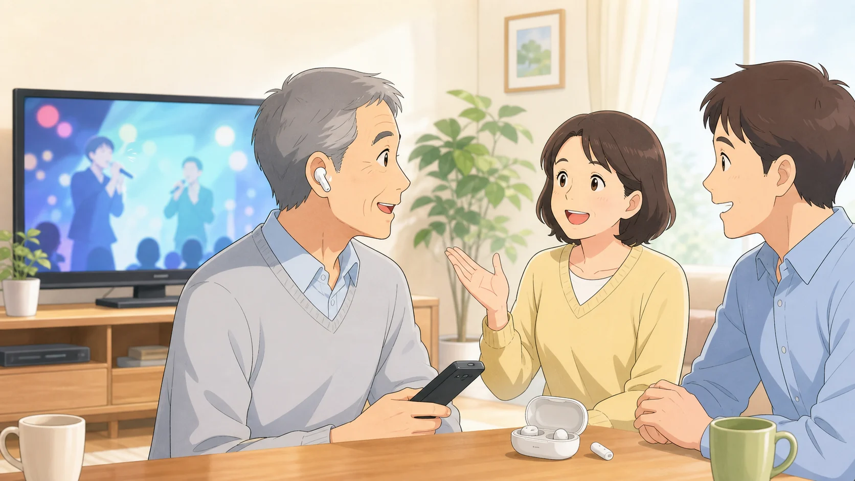 Cearvol Wave Liteで家族との会話やテレビ音声を確認している様子