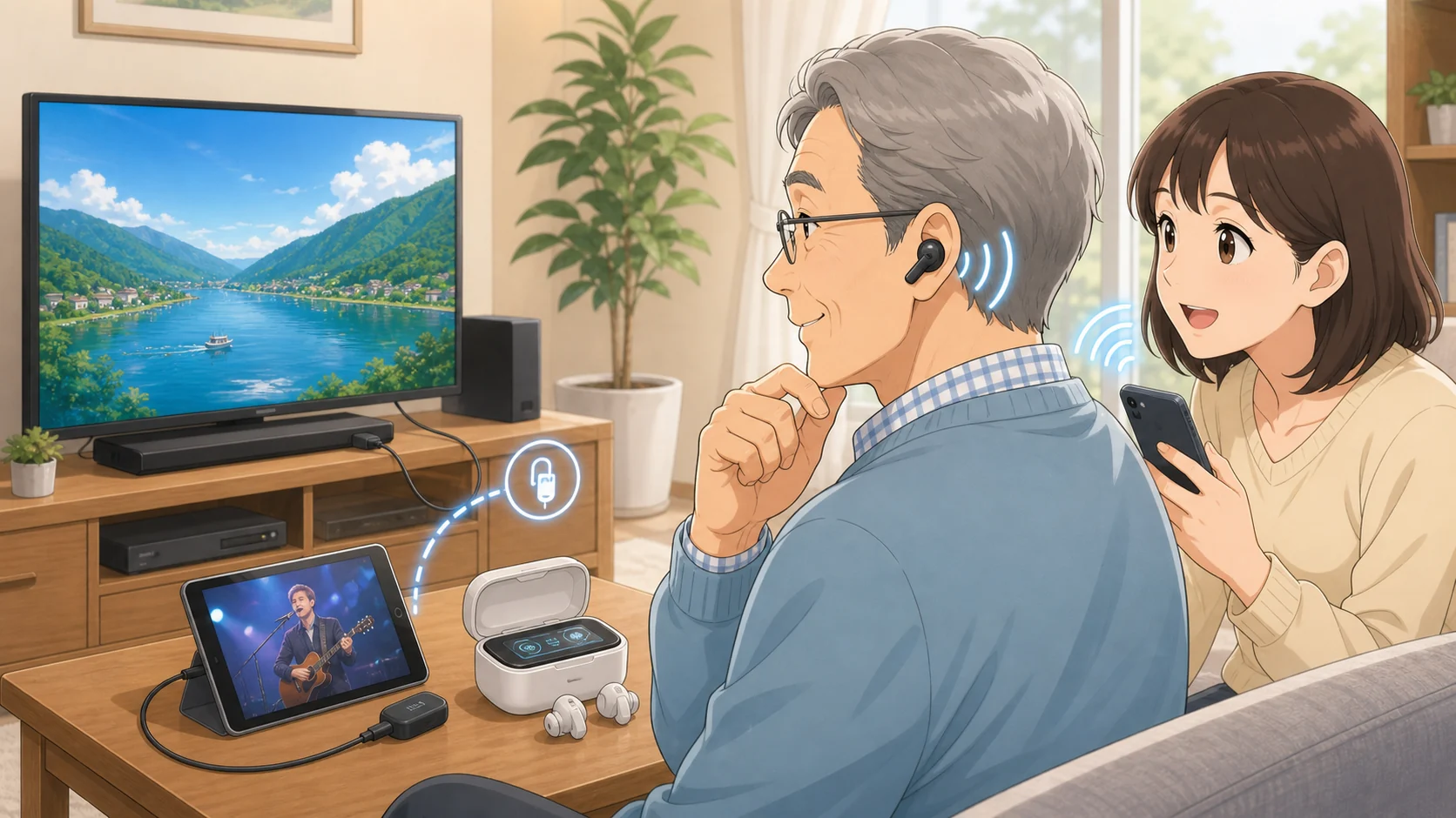 BluetoothとAUX-INでスマホやテレビに接続するイメージ