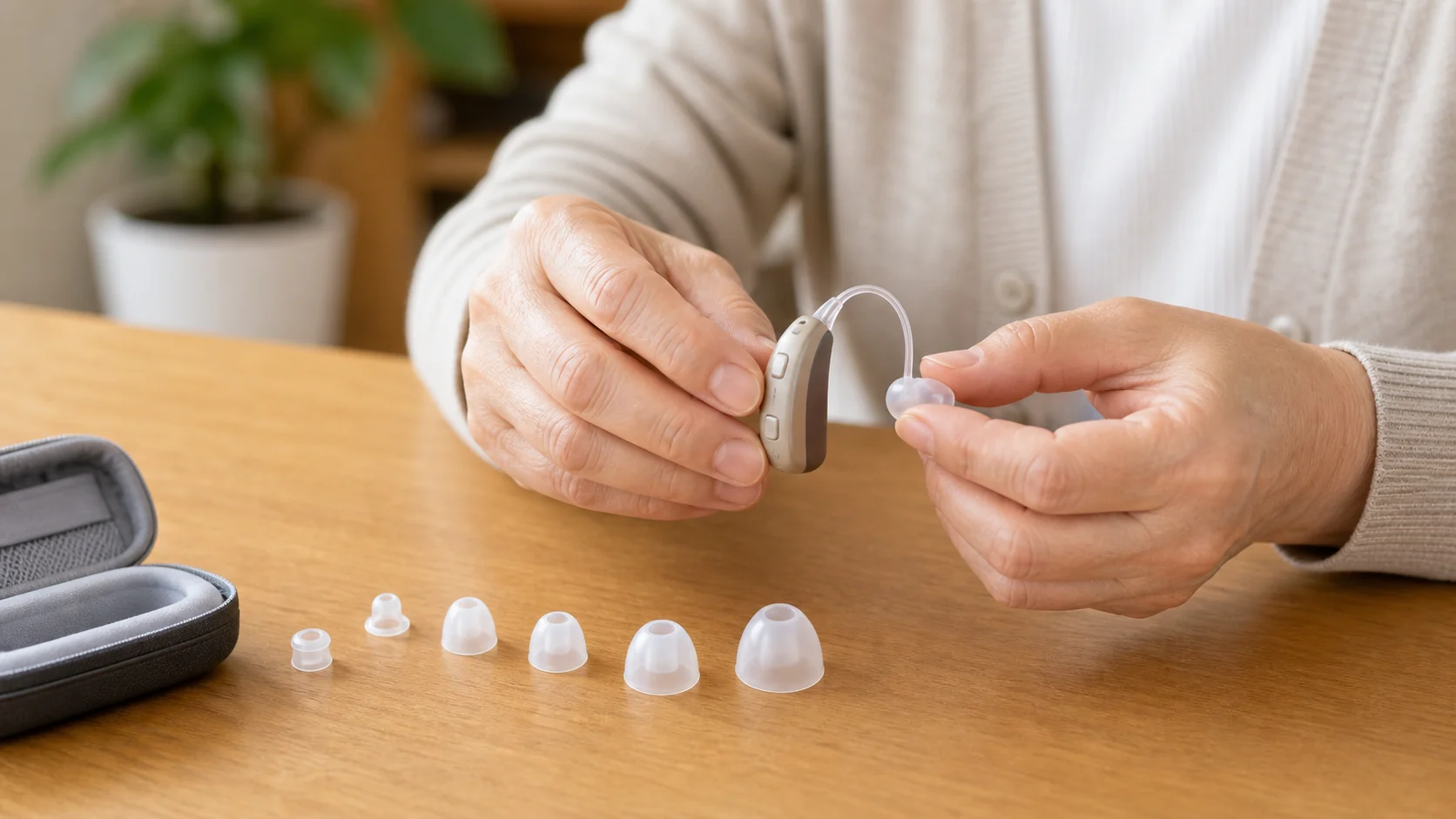 集音器のイヤーピースを確認してハウリングを防ぐイメージ