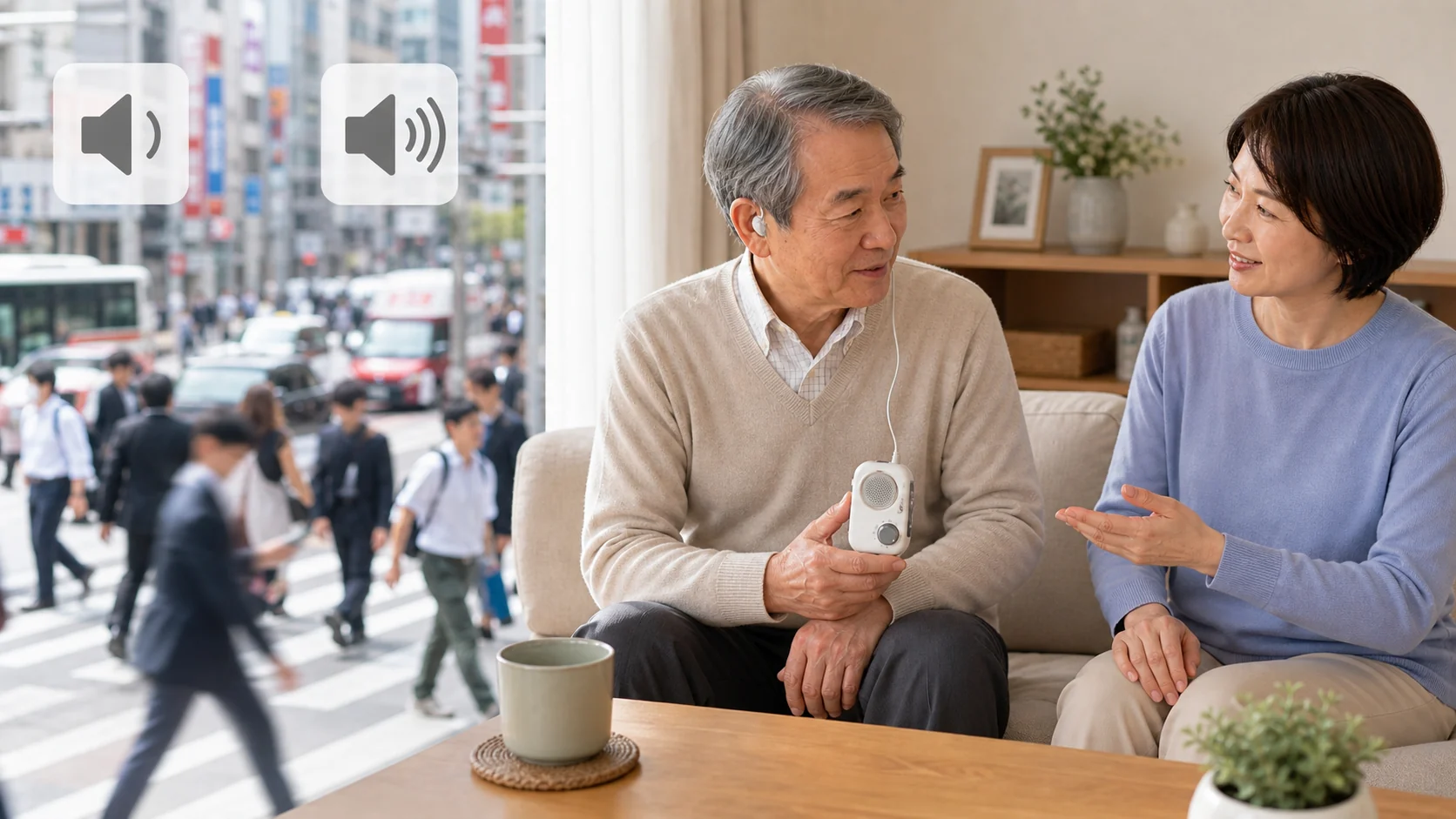 集音器を使う場所によって聞こえ方が変わるイメージ