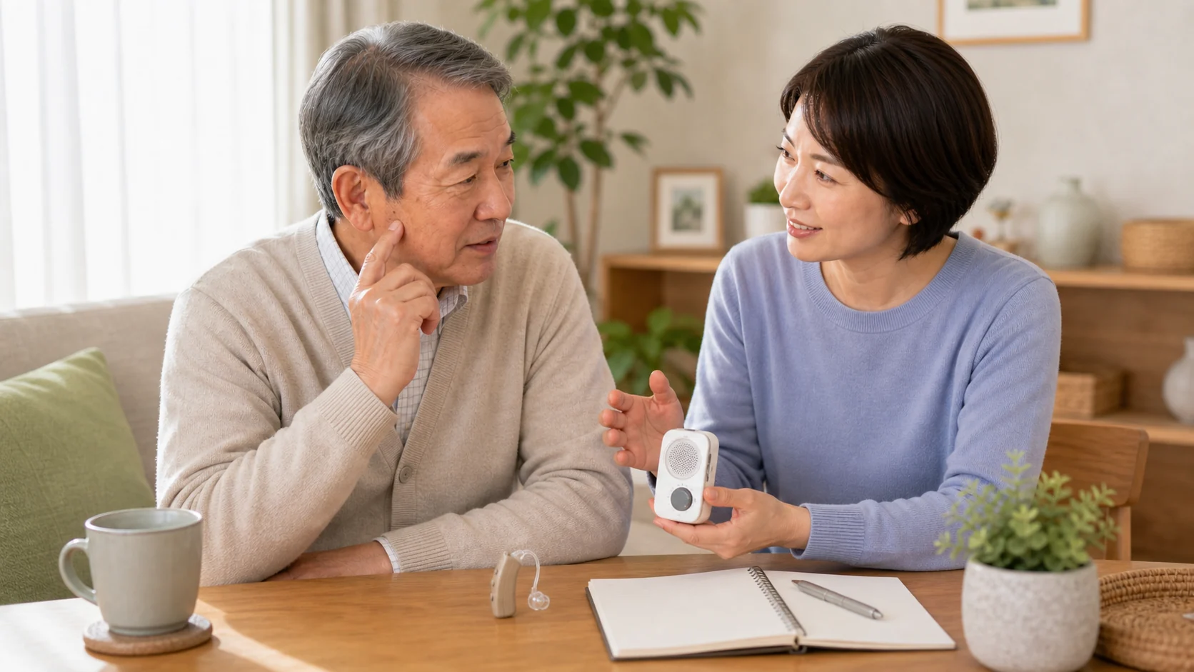 高齢者の難聴と集音器について家族で話し合うイメージ