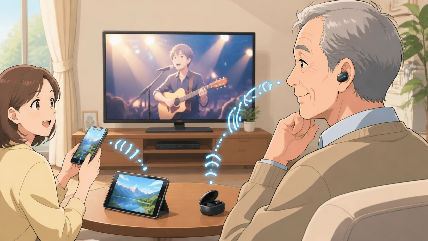 スマホやテレビと集音器を接続するイメージ