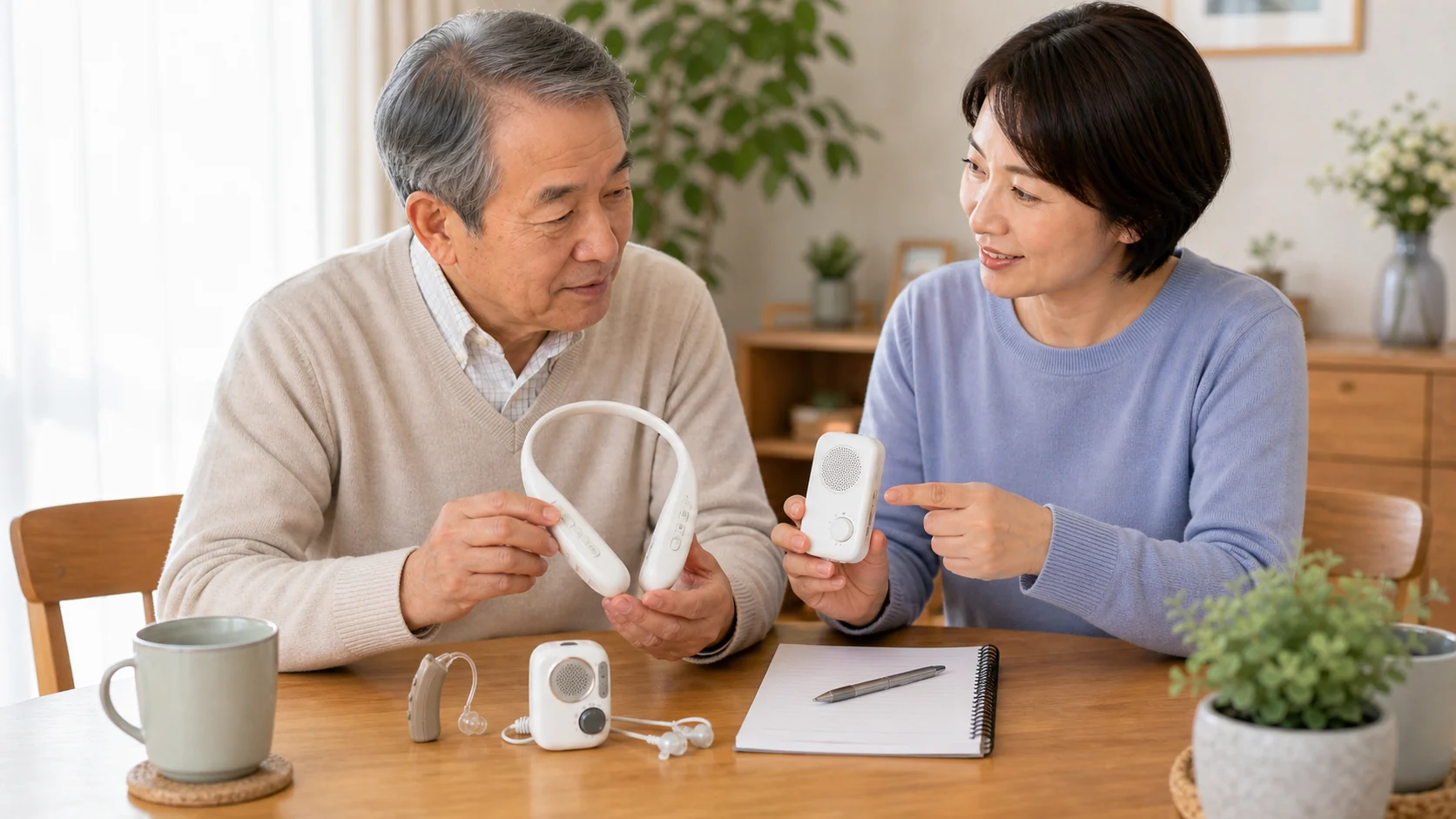 高齢者に使いやすい集音器を家族で選ぶイメージ